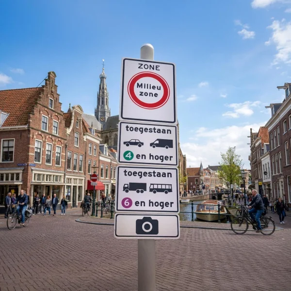 Verkeersbord milieuzone in binnenstad met regels voor toegang en ontheffing zero-emissiezone